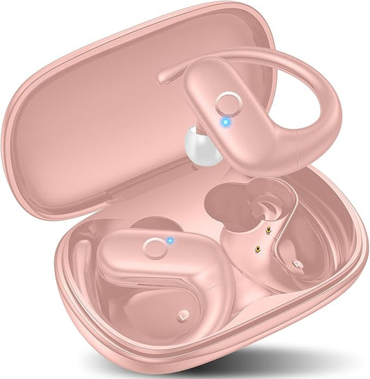 kurdene Wireless Earbuds Bluetooth Headphones Sport,Over Ear Buds with Deep Bass Sound,60Hrs Playtime Earphones Redesigned Comfort Fit with Earhooks for Running,Meeting,Workout-Pink