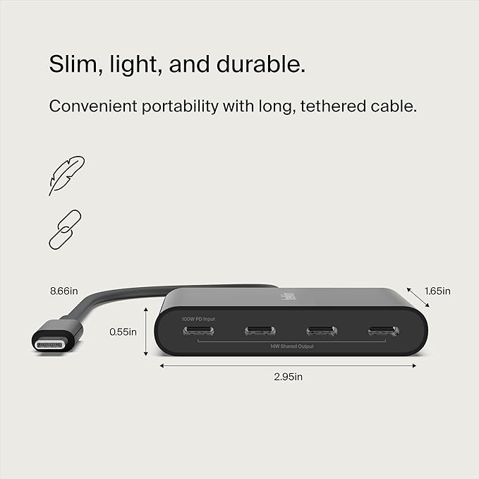 Belkin 4-Port USB-C 3.2 Gen 2 Hub with 100W Power Delivery and 10Gbps Data Transfer, High-Speed Multiport Adapter Splitter Compatible with MacBook Pro/Air, iPad Pro, iPhone 15, Chromebook, Surface, PC