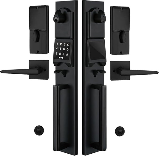NEWBANG Left-Handed Matte Black Electronic Smart Handleset with Keypad Lock for Double Front Door（Keys Reserved）,MDHST2016DB-E-SET-LH