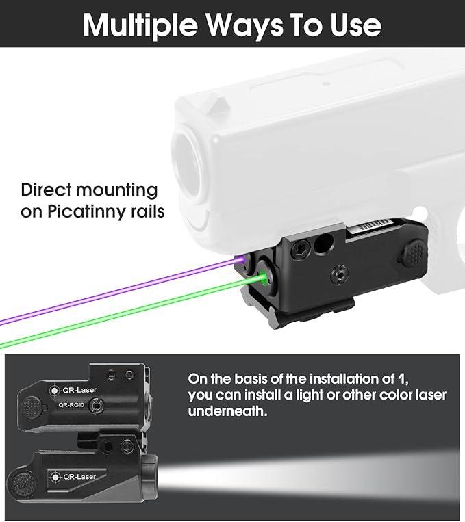 Red Green Purple Blue Laser Light Combo, 800 Lumens Tactical Flashlight Laser Sight, Built-in USB Rechargeable Battery, Adjustable Compact Tactical LED Light Laser Beams for Handguns with a Rail