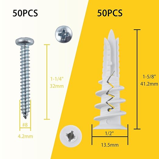 100PCS Self Drilling Drywall Anchors and #8 Screws, Wall Anchors for Drywall Heavy Duty Holds Upto 75LB, No Pre Drill Hole Required, Dry Wall Screws and Anchors Kit and Screwdriver