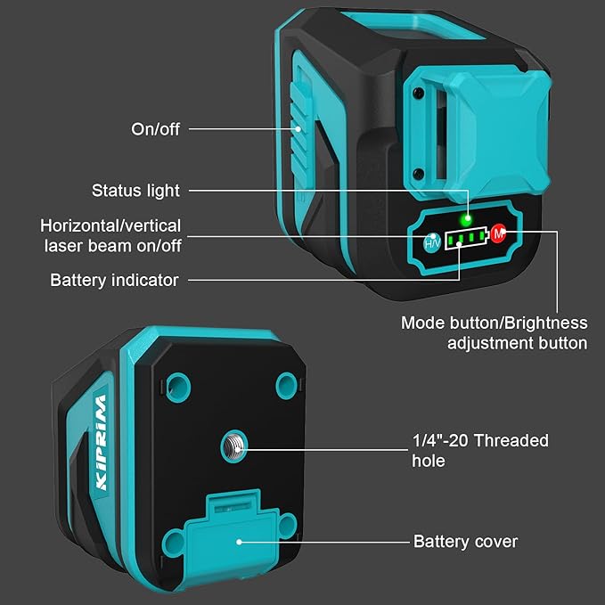 Kiprim Green Laser Level LV8D with Enhanced Visibility,5 Laser Lines,Adjustable Brightness,Manual/Self Leveling/Pulse Mode,Batteries and Carrying Pouch Included