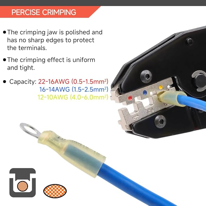HKS Crimping Tool For Heat Shrink Connectors - Ratcheting Wire Crimpers - AWG 22-10 (0.5-6.0mm²) - Ratchet Terminal Crimper - Electrical Crimping Tool