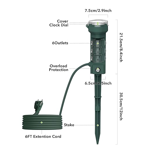 HBN 24 Hour Mechanical Outdoor Tmer for Lights Waterproof,6 Outlets Power Yard Stake for Halloween/Christmas Decorations,Outside Power Strip for Yard Garden,6 ft Extension Cord,1875W/15A