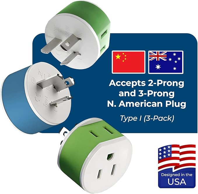 OREI Australia, New Zealand, China Power Plug Adapter with 2 USA Inputs - Travel 3 Pack - Type I (US-16) Safe Grounded Use with Cell Phones, Laptop, Camera Chargers, CPAP, and More