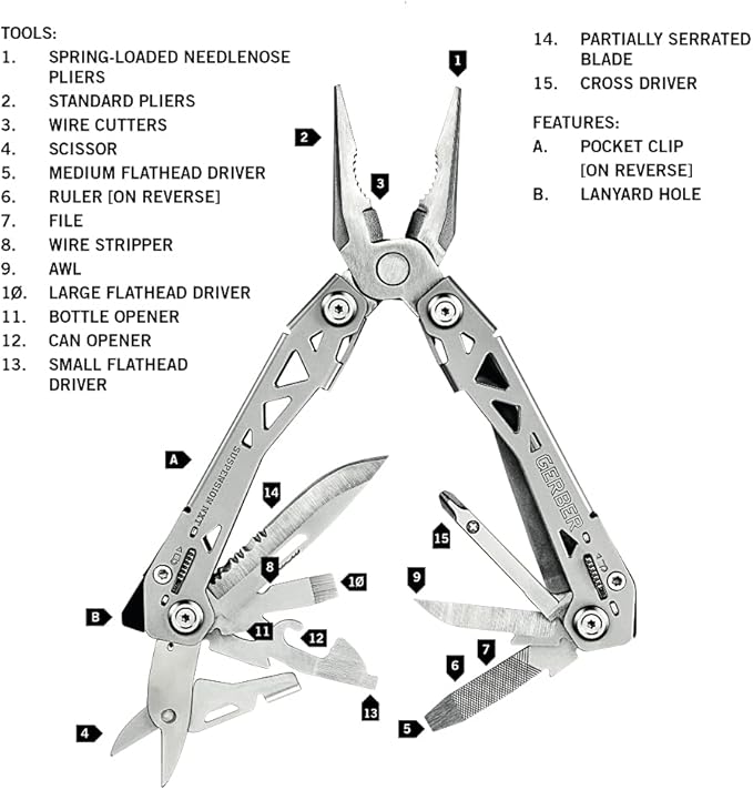 Gerber Gear Suspension-NXT 15-in-1 EDC Multi tool with Pocket Knife, Needle Nose Pliers and Wire Stripper Tools, Gifts for Men, Survival and Camping Gear, Stainless Steel