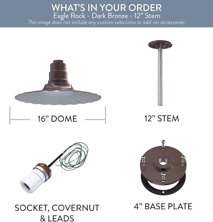 Steel Lighting Co. Eagle Rock Pendant | Ceiling Mounted Light | 16 inch Radial Wave | 12 inch Stem | Heavy Duty Steel Retro Farmhouse Style Made in America | Dark Bronze Exterior/White Interior