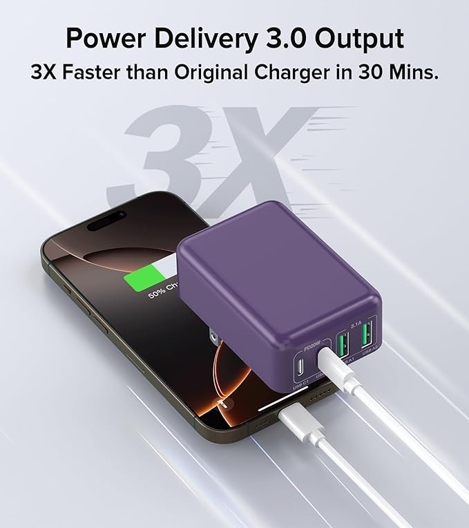 40W Flat USB C Charger Block, 2-Pack USB C Fast Charging Block 4-Port Dual PD+QC Power Adapter Double Charger Block Multiport Type C Cube Multiple Wall Plug for iPhone 16 15 14 13 12 Pro Max(Purple)