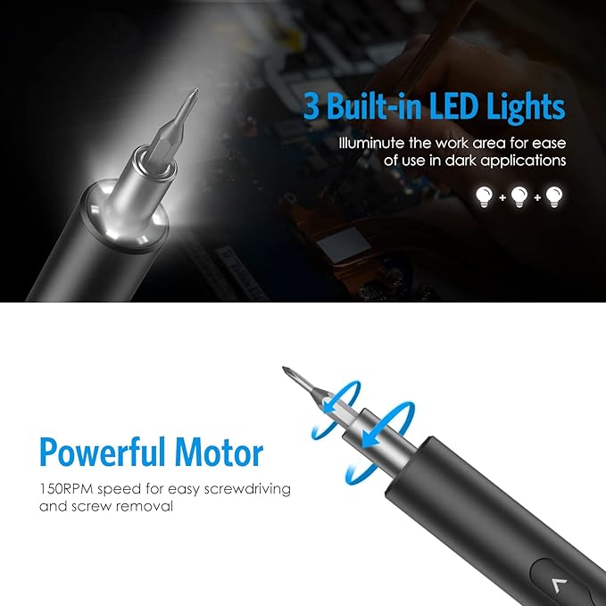 AMIR Mini Power Automatic Screwdriver, 28 IN 1 Electric Cordless Precision Screwdriver Set with 24 Bits, Rechargeable Portable Magnetic Repair Tool Kit with LED Lights for Glasses, Laptops, Watches