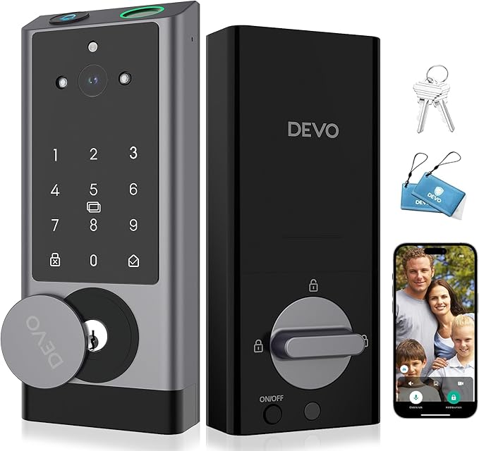 DEVO G1 Video Smart Lock with Camera & Doorbell, 6-in-1 Keyless Entry Door Lock with Fingerprint, App Remote, Auto Locks, Built-in Wi-Fi Smart Deadbolt for Front Door(Gray)
