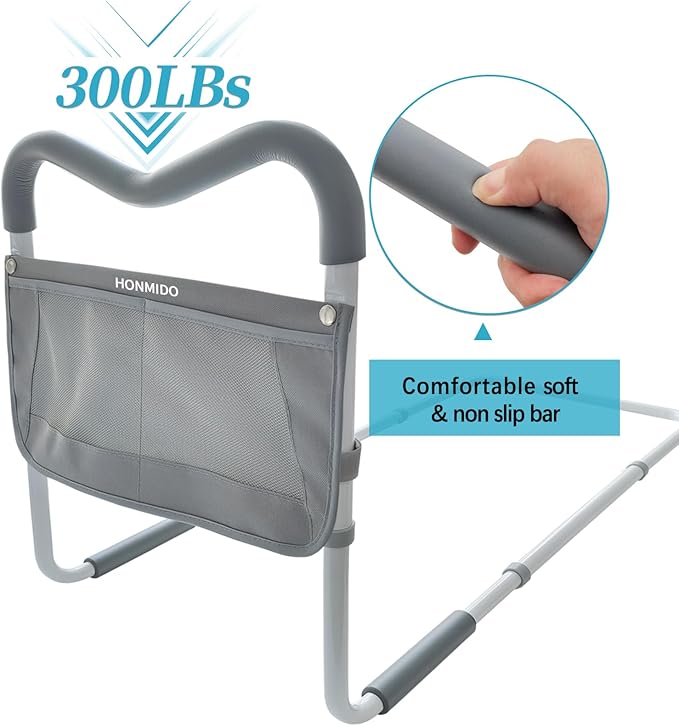 Sturdy Bed Rail for Elderly Adults，Safety with Adjustable Heights, M-Shape Grab bar Assist from Directions，Storage Pocket, Medical Bed Guard,Gifts for Seniors (Light Grey Handle)
