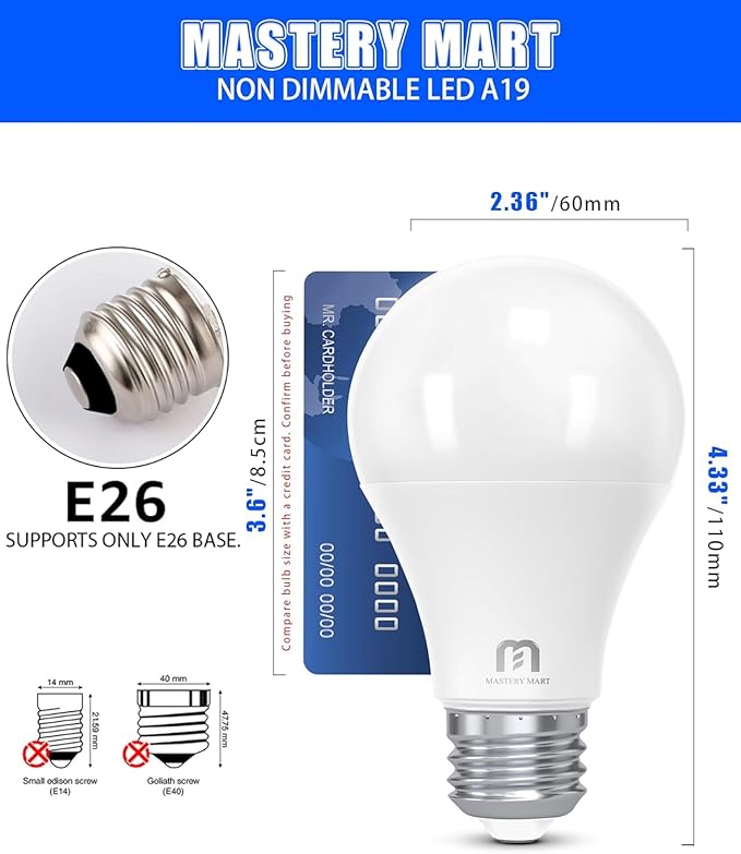 MASTERY MART 60 Pack A19 LED Bulbs 60 Watt Equivalent, 9W Non-Dimmable, Flicker-Free, 800 Lumens, Bright Daylight White 5000K, E26 Base, 10000 Hours, Energy Saving, Bright for Living Room, Bedroom