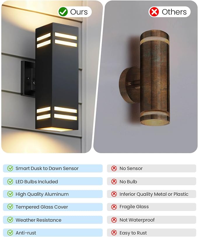 KIZON Outdoor Wall Lights Dusk to Dawn, Modern Outdoor Sconce Up and Down Lighting, Square Matte Black Exterior Lighting Fixture Wall Mount for House Porch, LED Bulbs Included, ETL Listed