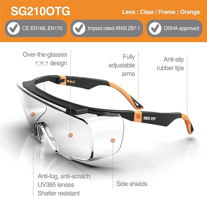 DEX FIT Safety Work Over Glasses SG210 OTG; Z87 Eye Protection for Men & Women, Fog & Scratch Resistant, Adjustable, UV Block (Black & Orange Frame, Clear Lens)