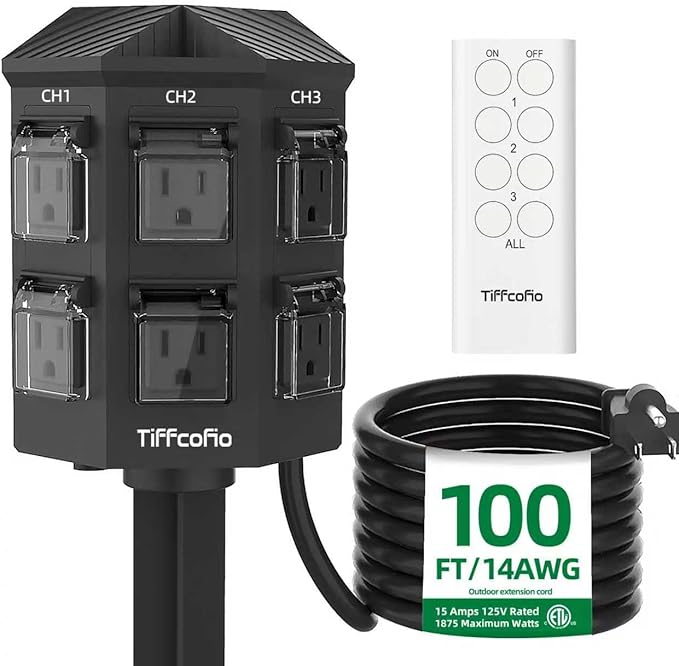 Outdoor Remote Control Power Strip, 25FT Extension Cord Waterproof, Independent Control Outlets, 6 Grounded Outlets for Outdoor Decorations, 14 AWG, 15A/1875W, ETL Listed (100 FT)