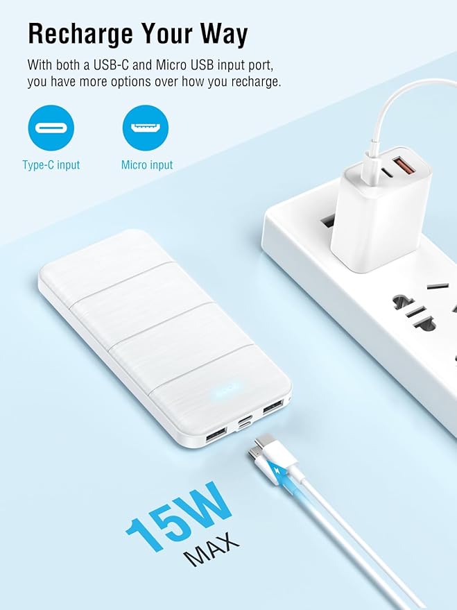 Portable-Charger-Power-Bank - 15000mAh Dual USB Power Bank Output 5V3.1A Fast Charger Portable Charger Compatible with Smartphones and All USB Devices (White)