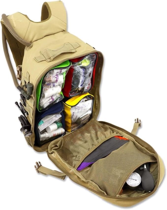 Lightning X Stocked Modular Trauma & Bleeding First Aid Responder Medical Backpack + Kit (Tan w/Hydration Bladder)