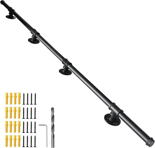 SCIEO Stair Railing Indoor, 8FT Staircase Handrail Wall Mount Hand Rail for Indoor & Outdoor Steps, Industrial Pipe Stair Handrails Grab Bar Metal Galvanized Steel Hand Railing for Stairs Steps