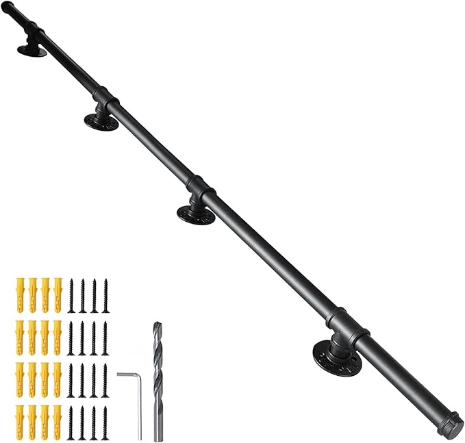 SCIEO Stair Railing Indoor, 10FT Staircase Handrail Wall Mount Hand Rail for Indoor & Outdoor Steps, Industrial Pipe Stair Handrails Grab Bar Metal Galvanized Steel Hand Railing for Stairs Steps