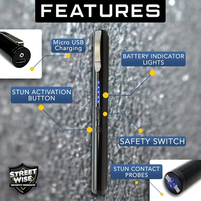 Streetwise Pain Pen 25,000,000 Volts Stun Gun for Self Defense - Tactical Stun Pen for Women and Men, USB Rechargeable, Battery Indicator, Durable Clip, Compact and Concealable for Protection