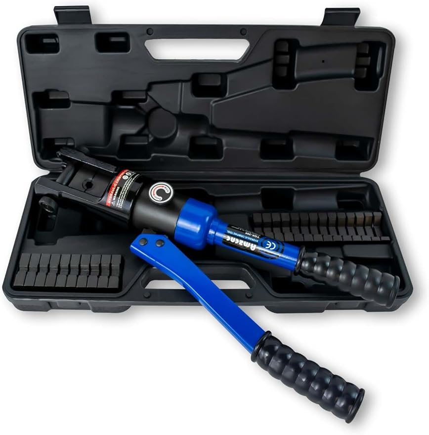 AMZCNC blue 16 Ton Hydraulic Wire Crimper Battery Cable Lug Terminal Crimping Tool WIth Standard US cable Dies,Crimps 6 AWG to 600 MCM, Cable Crimping Tool with 13 Pairs of Standard US cable Dies