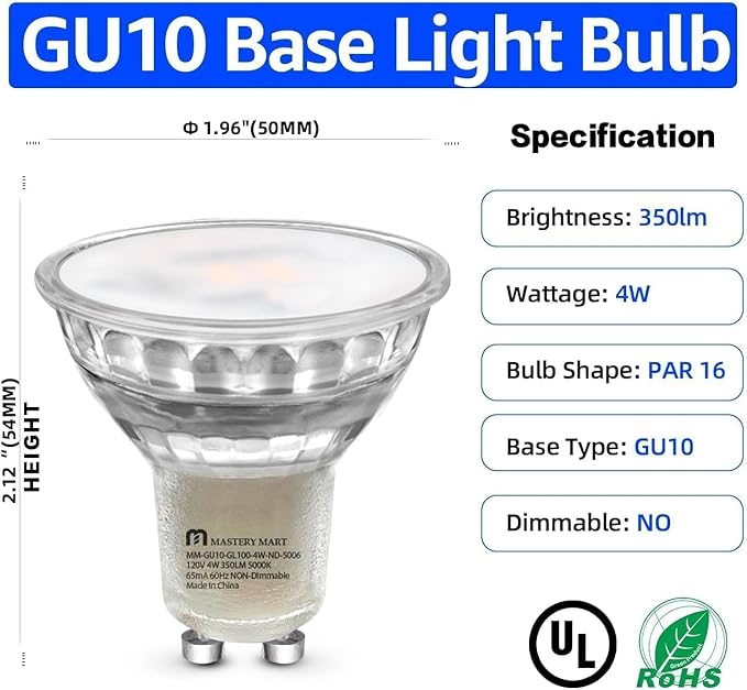 MASTERY MART 16 Pack Non-Dimmable GU10 LED Light Bulbs, 4W Bright 5000K Daylight White 35W Halogen Equivalent, 350lm Energy Saver for Track Lighting Fixture, Kitchen, Basement, 25000 Hours Lifespan