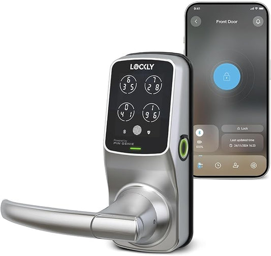 Lockly Secure Plus Bluetooth Smart Door Lock, Keyless Entry with PIN Genie® Digital Keypad, 3D Biometric Fingerprint Sensor Front Door Lock with Handle, Voice Control & Auto Lock - Latch Edition