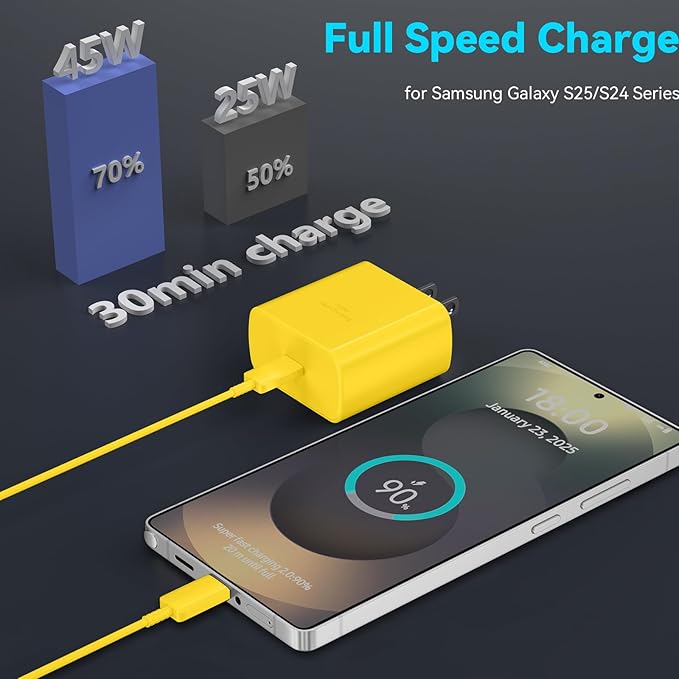 45W Samsung Super Fast Charger Type C,USB C Fast Charger 6.6ft Cable Cord Android Phone Charger Block for Samsung Galaxy S24 Ultra/S24/S24+/S23 Ultra/S23/S23+/S22/S21/S20/Note 10/20, Galaxy Tab,yellow