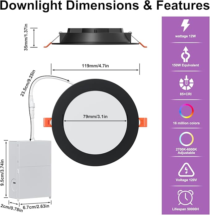 Smart Recessed Lighting 4 Inch Black RGBCW Color Changing 12W LED Downlight with Junction Box,1000 Lumen Recessed Ceiling Light Compatible with Alexa,Dimmable by Bluetooth Control -6Pack