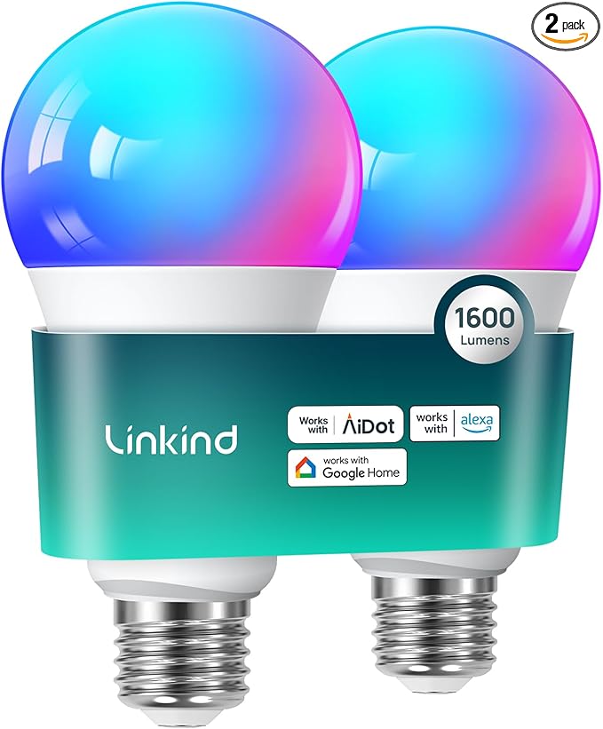 Linkind Smart Light Bulbs, 1600LM (100W Equivalent) Smart Bulb, Work with Alexa & Google Home, RGBTW Color Changing Bulb Music Sync, 2.4GHz Wi-Fi & Bluetooth, LED Alexa Light Bulbs 14W, A21 E26, 2Pack