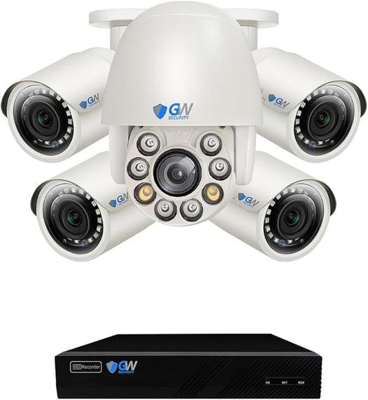 GW Security 8 Channel 4K NVR 5MP PoE Smart AI Security Camera System with 4 x 5MP Bullet Cameras and 1 x 5MP 5X Motorized Zoom Two-Way Audio PTZ Camera, Outdoor Indoor Video & Audio Surveillance