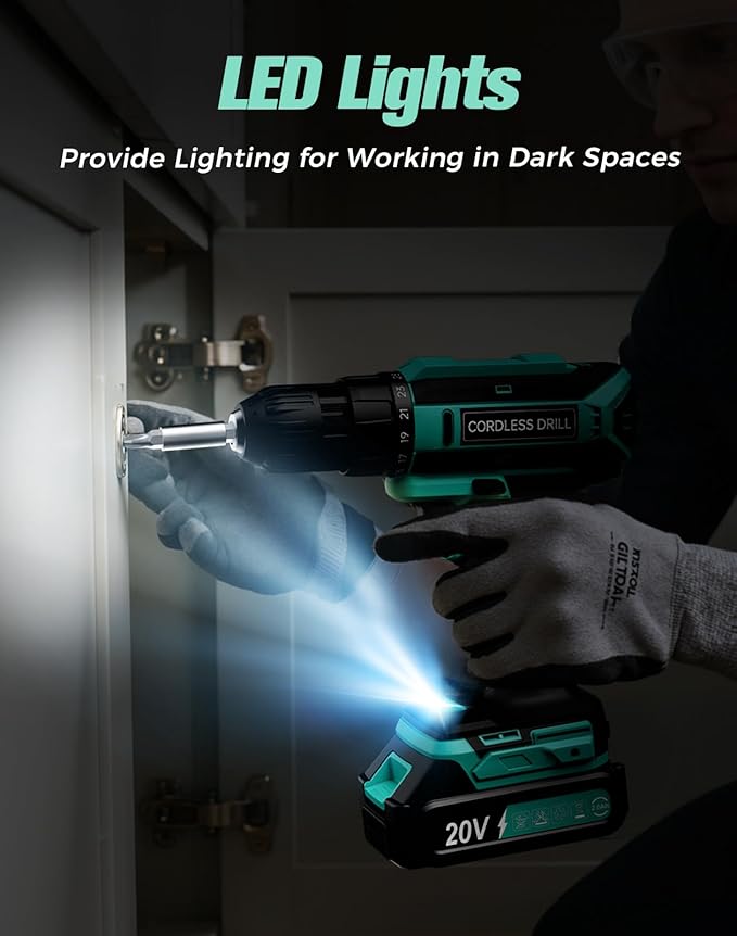 Cordless Drill, 20V MAX Power Drill Set with 2.0Ah Power Pack & Charger, 3/8 Inch Keyless Chuck, Variable Speed, 25+1 Position and 56PCS Bits/Screws, Power Tools for Home Projects