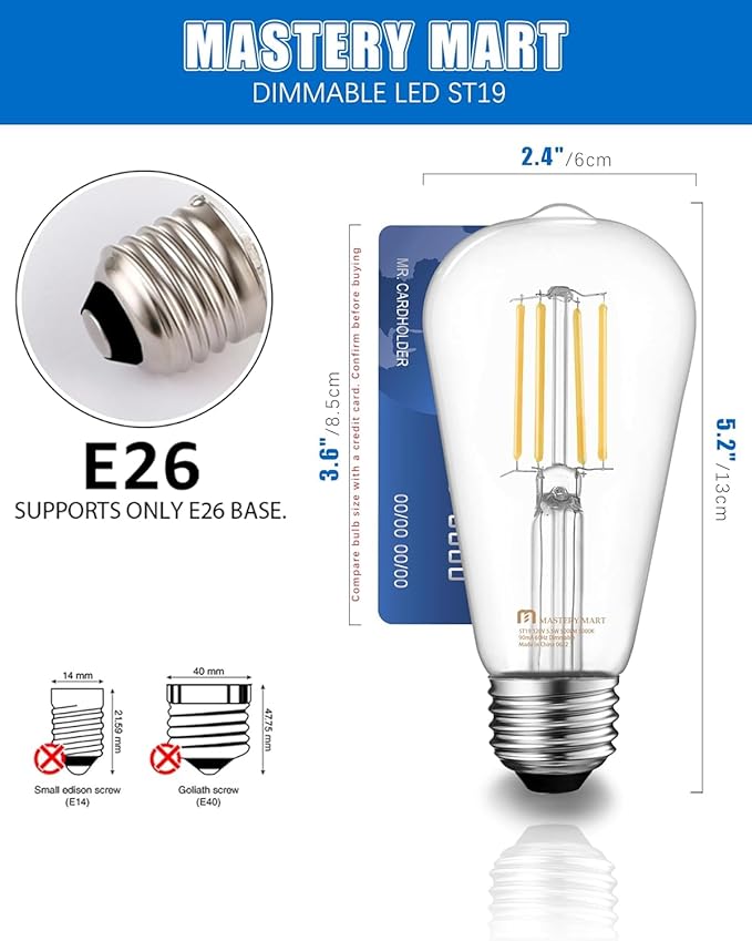 Mastery Mart 24 Pack Vintage LED Light Bulb 4000K Cool White, Dimmable, 5.5W (60 Watt Equivalent), ST21/ ST64 Clear Glass Antique Edison Style, 500LM E26 Decorative Filament Bulb
