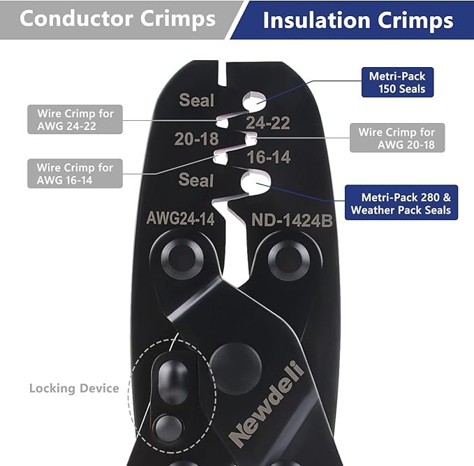 Newdeli Weather Pack Crimper AWG24-14 Open Barrel Crimping Tool Waterproof Sealed Connectors Crimping Tool for Delphi APTIV Packard Weather Pack Terminals or Metri-Pack 150, 280 Connectors
