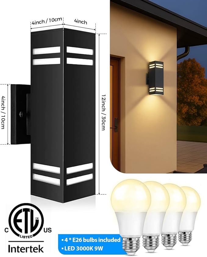 KIZON Dusk to Dawn Outdoor Lighting 2 Pack, Aluminum Exterior Lighting Fixtures with E26 Base, Waterproof Up and Down Lights Outdoor Sconce Lights for House Porch, LED Bulbs Included, ETL Listed