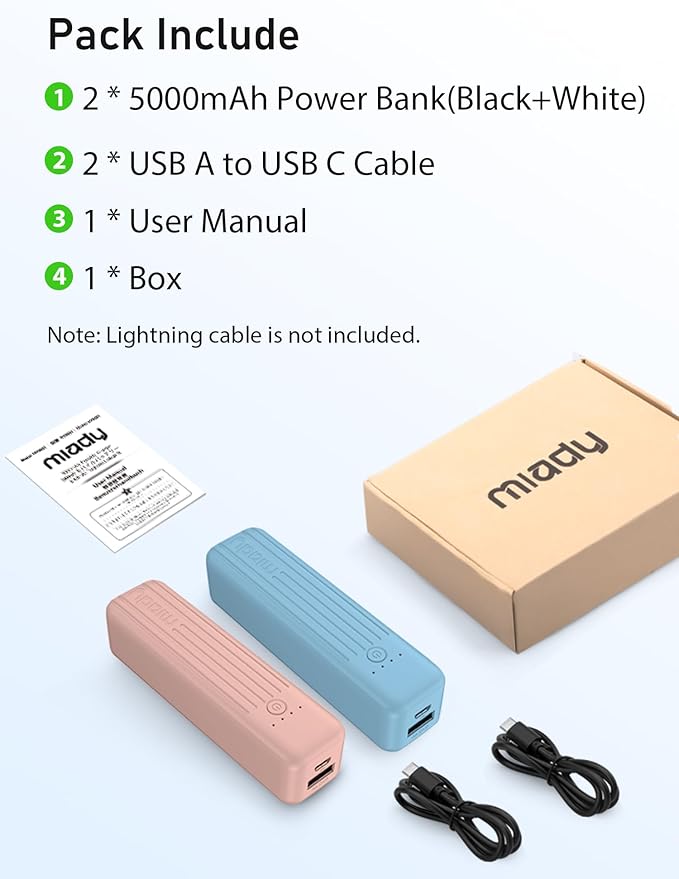 Miady 2-Pack Small Portable Charger, 5000mAh Battery Pack 3.45oz Lightweight Power Bank 5V/2.4A Output & 5V/2A Input Battery Pack Charger Mini Portable Phone Charger for iPhone, Samsung Galaxy etc