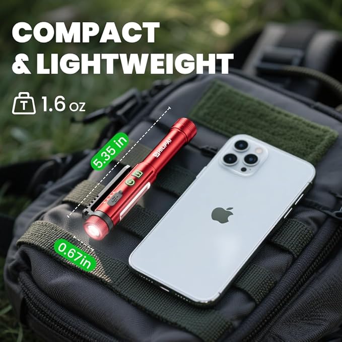 Magnetic Rechargeable Pen Light - 600 Lumen Dimmable EDC Flashlight, IPX4 Waterproof Work Light with Clip & COB LED for Mechanics, Nurses, Emergency (Red)