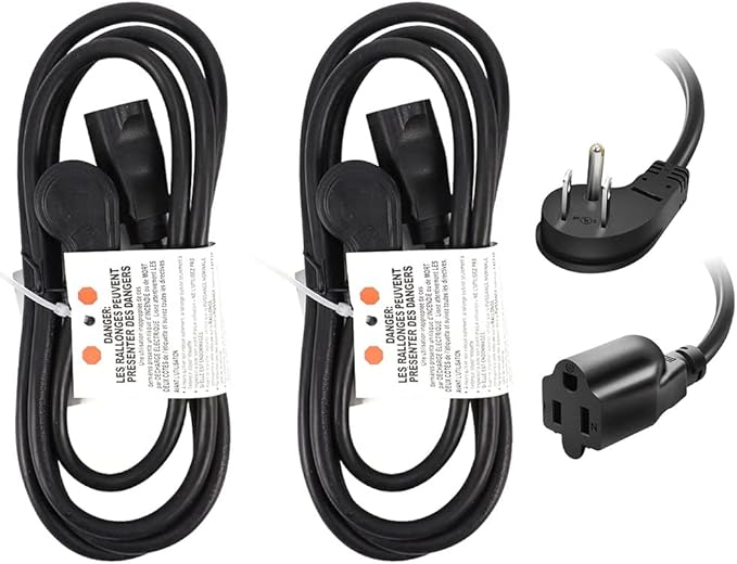 EP 2 Pack 6 Ft Flat Plug Extension Cord, 16 AWG 3 Prong Grounded Black Low Profile Extension Cable for Indoor, UL Listed