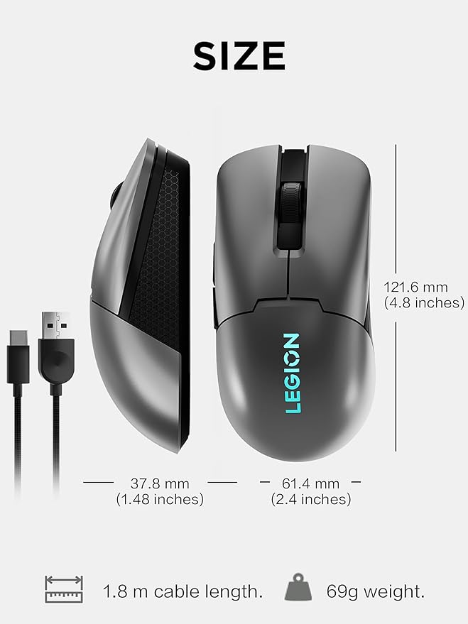 Lenovo Legion M600s RGB Wireless Gaming Mouse – 19,000 DPI, 6 Programmable Buttons, 70 Hours Battery Life, Tri-Mode Connectivity (2.4 GHz, Bluetooth, Wired), (Iron Grey)