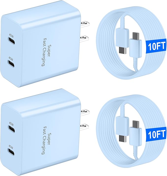 45W USB-C Super Fast Charger, 2-Port 45 Watt Type C Charger Fast Charging Block with 10FT USB C Cable Cord for Samsung Galaxy S25 Ultra/S25+/S25/S24/S23 Ultra/S23+/S22 Ultra/S22+/S20 Ultra-Blue