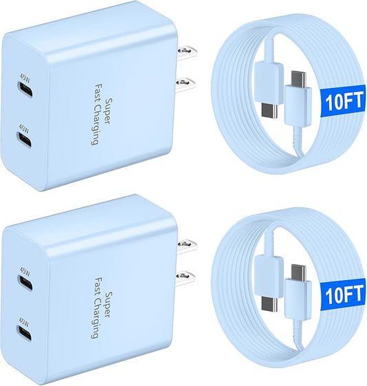45W USB-C Super Fast Charger, 2-Port 45 Watt Type C Charger Fast Charging Block with 10FT USB C Cable Cord for Samsung Galaxy S25 Ultra/S25+/S25/S24/S23 Ultra/S23+/S22 Ultra/S22+/S20 Ultra-Blue