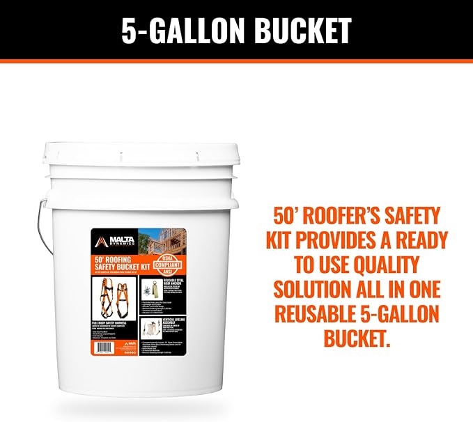 Malta Dynamics 50’ Roofer's Safety Bucket Kit – Warthog Pass-Thru Safety Harness, Reusable Roof Anchor, and 50’ Vertical Lifeline Assembly, OSHA/ANSI Compliant