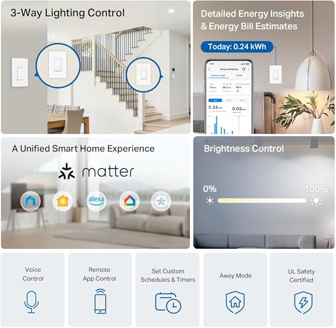 TP-Link Tapo Smart 3 Way Dimmer Switch KIT, Matter Compatible, Energy Monitoring, Neutral Wire Required, Works with Alexa, Siri, Google Home, SmartThings, UL Certified, 2.4GHZ Wi-Fi, Tapo S515D KIT