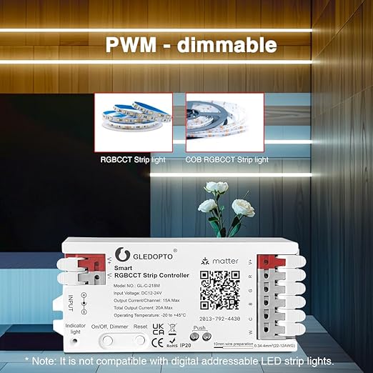 Matter RGBCCT LED Controller 20A Current Max for PWM Analog LED Strip Light APP Voice Control RGBW RGB Dimmable Work with Homekit Google Amazon Echo Alexa (Matter Hub Required)