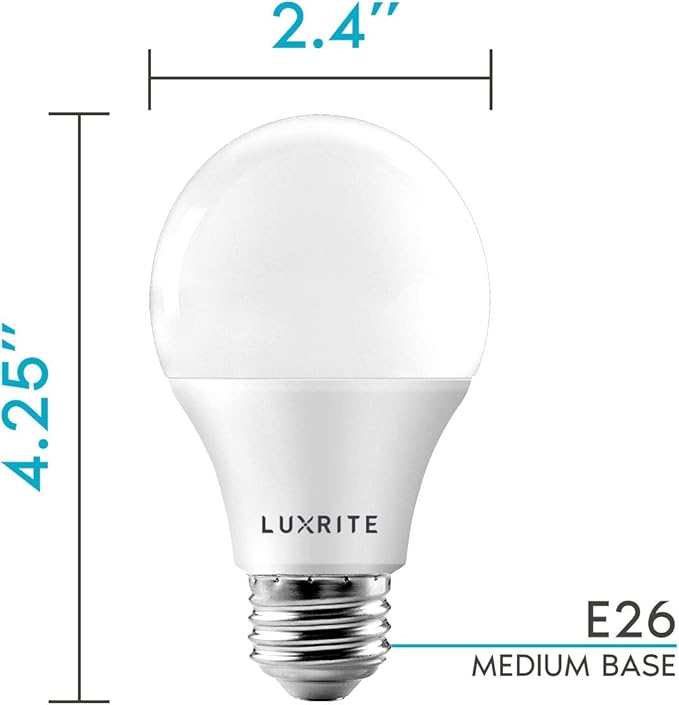 LUXRITE A19 LED Bulb 60W Equivalent, 2700K Warm White, 800 Lumens, Dimmable Standard LED Light Bulbs 9W, Enclosed Fixture Rated, Energy Star, E26 Medium Base - Indoor and Outdoor (6 Pack)