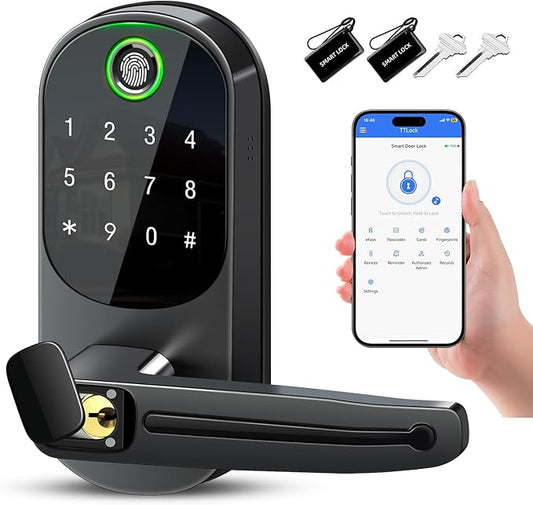 Smart Lock with Handle,Keyless Entry Door Lock,Digital Keypad Deadbolt with App Control, Fingerprint Unlock, PIN Code Unlock, Auto Locking,Smart Locks for Front Door/Exterior/Interior/Bedroom Doors