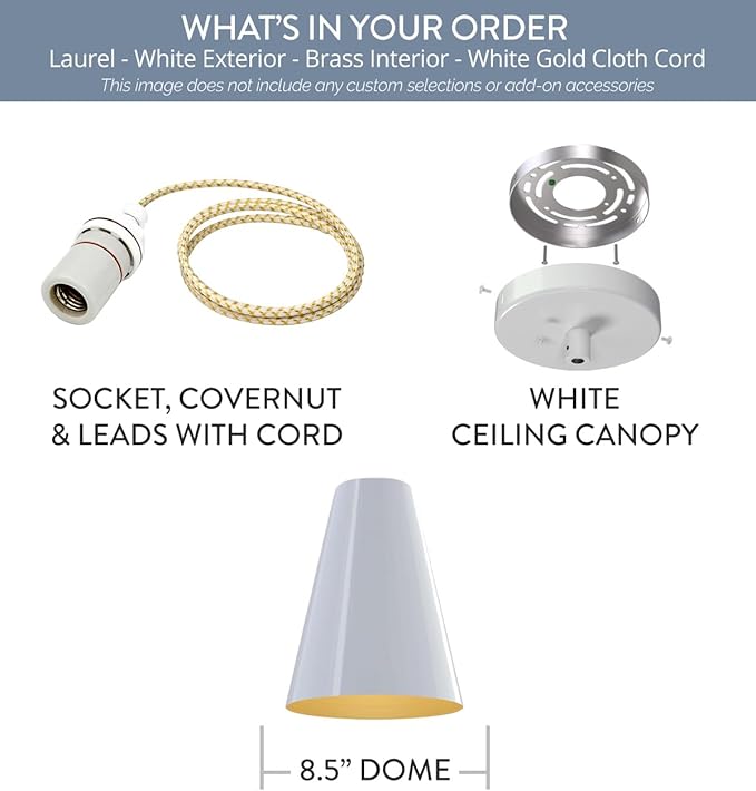 Steel Lighting Co. Laurel Pendant Light | Ceiling Mounted | 8.5 inch Cone Shade | Modern Contemporary Farmhouse Style Made in America | White Gold Cloth Cord | White Exterior/Brass Interior