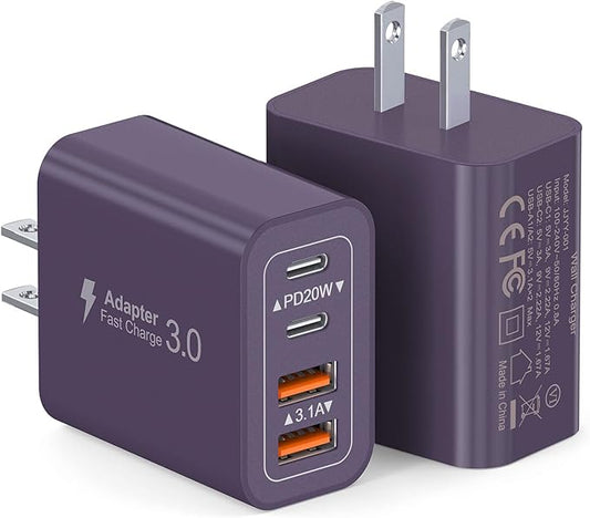 [2Pack] 40W USB C Plug,4-Port Fast Charger Block PD+QC 4 Port Charger Cube Wall Charging Box Brick for Samsung Galaxy S22/S21+/S21 Ultra,Magsafe Wireless Charger,iPhone 16/16 Pro Max/15/14/13(Purple)
