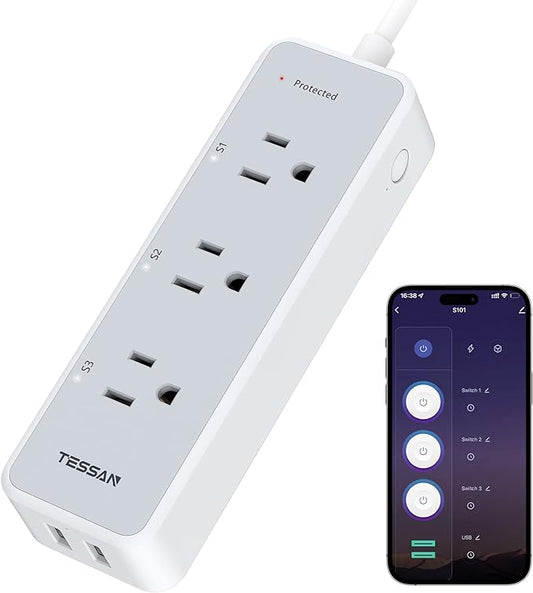 Smart Power Strip Surge Protector 900J, TESSAN WiFi Extension Cord with 3 Remote Controlled Outlets Socket 2 USB, Wall Mountable Timer Smart Plug Compatible with Alexa Google Home, Only 2.4 GHz Wi-Fi