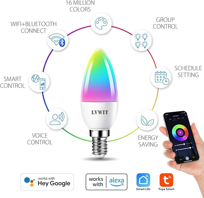LVWIT Smart Light Bulb, WiFi Chandelier LED Bulb, E12 Base, 4.9W, 470Lm, 4Pk, Color Changing, Dimmable, Compatible with Alexa, Google Home, No Hub Required, B11, Warm White, 50000hrs Life